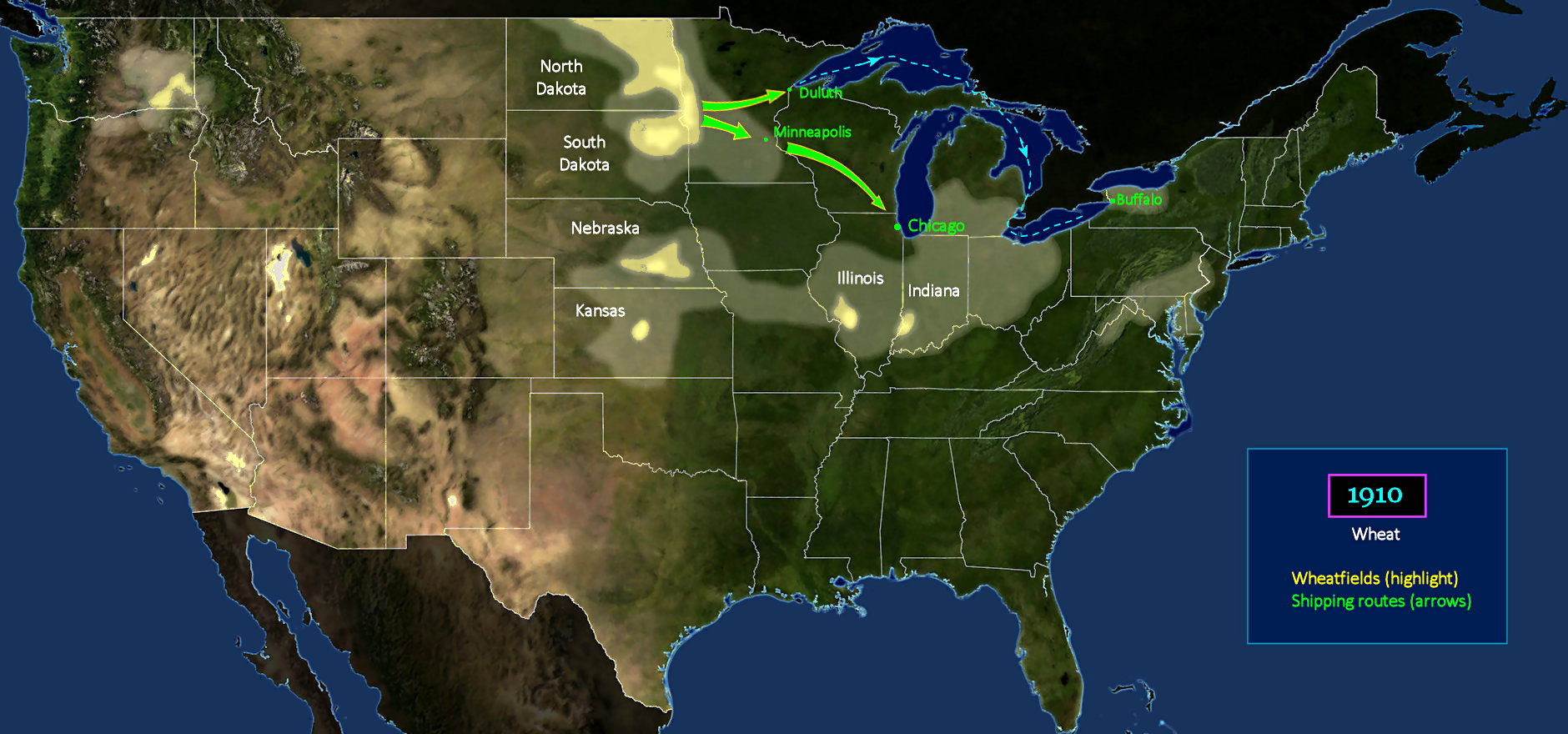 Wheat production in the Dakotas, 1910 map